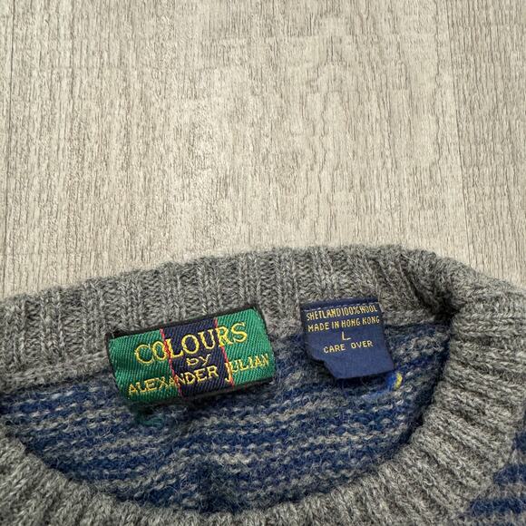 Vintage Colours Sweater Men's Large Geometric Striped 90s 100% Shetland Wool - Picture 4 of 7